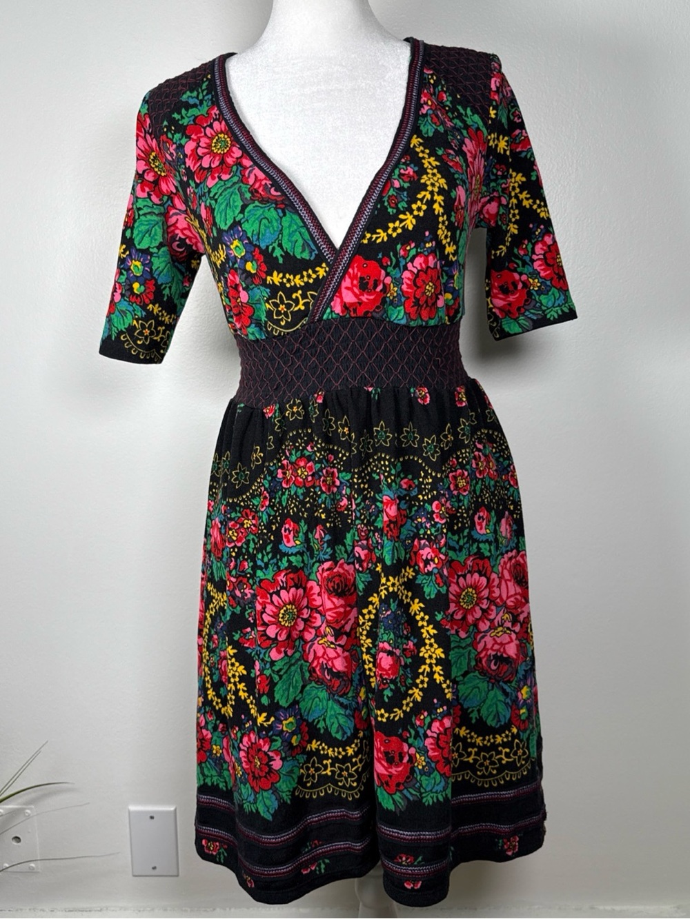 Free People Knit floral A line Mini dress Size XS Colorful Elastic Waist *flaw